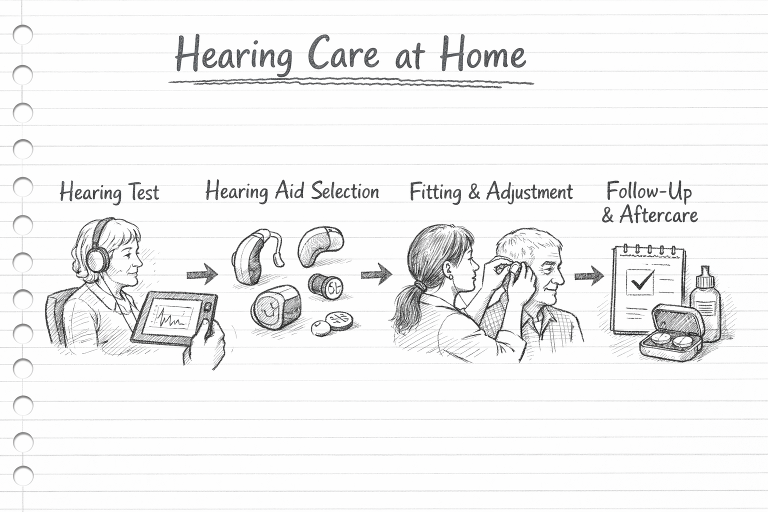 Hand-drawn illustration of a calm home hearing aid fitting, with gentle sound waves and medical notebook details.