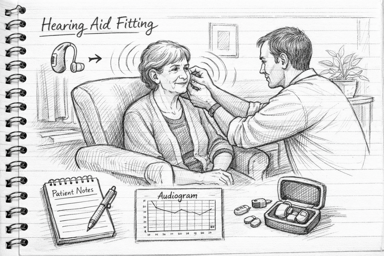 Hand-drawn illustration of a calm home hearing aid fitting, with gentle sound waves and medical notebook details.