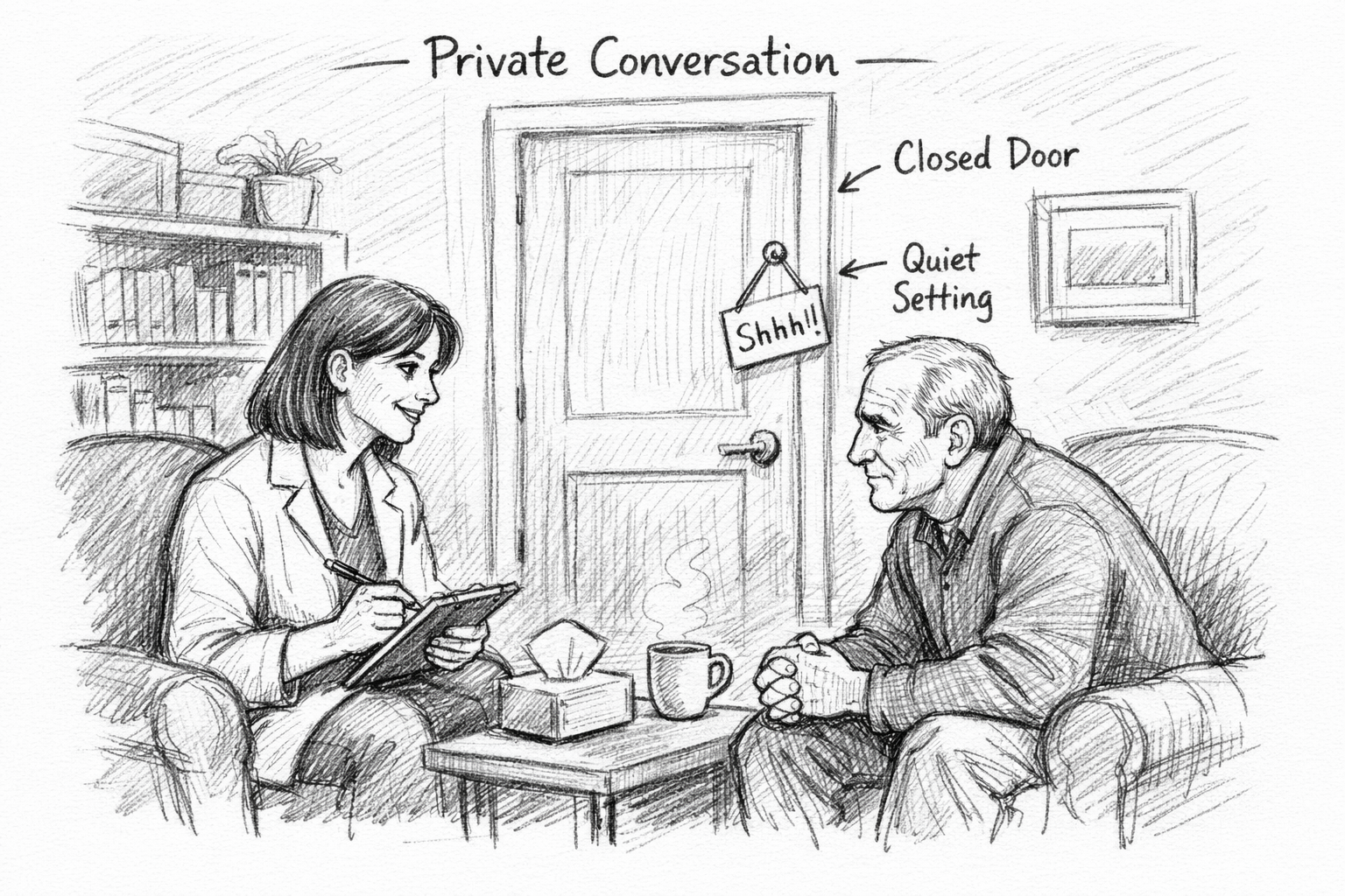 Hand-drawn notebook-style sketch showing portable audiology equipment used in both a clinic and a home, with an equal sign highlighting equivalent care.