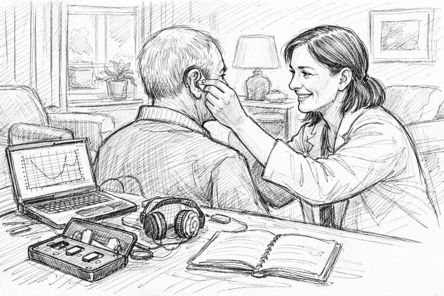Hand-drawn black-and-white sketch of an audiologist gently fitting a modern hearing aid for an older man in a bright, cozy UK living room, with a laptop audiogram, headphones, and an open notebook visible in a calm 16:9 scene.