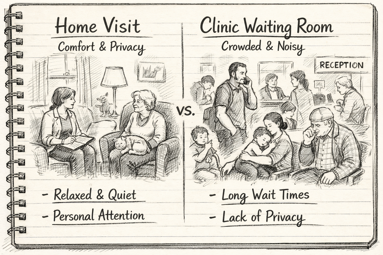 Hand-sketched notebook-style comparison of a calm, private home medical visit versus a crowded, noisy clinic waiting room, highlighting comfort and privacy differences.