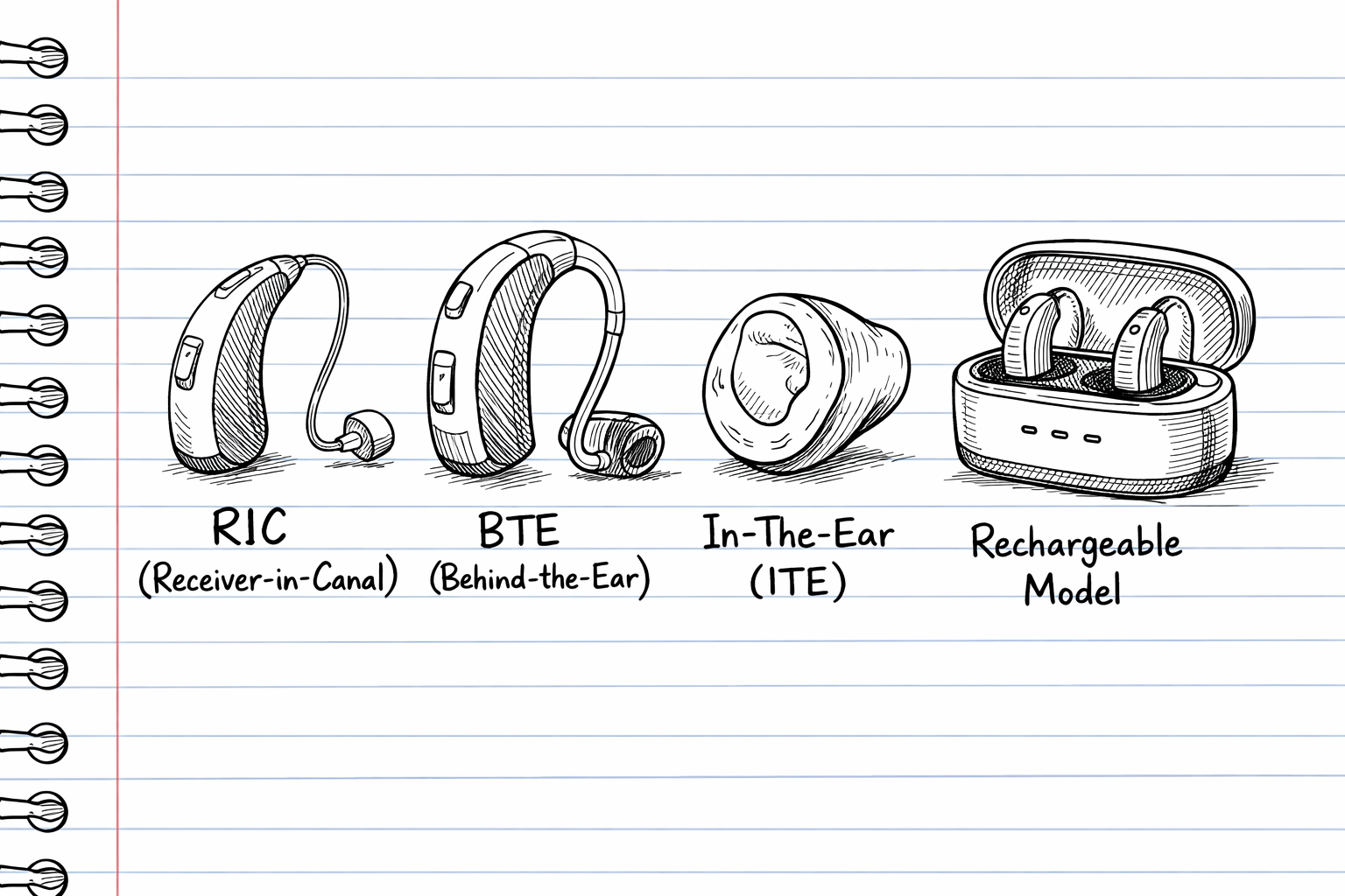 Hand-drawn notebook illustration of four labeled hearing aid styles: RIC, BTE, in-the-ear (ITE), and a rechargeable model in a charging case.