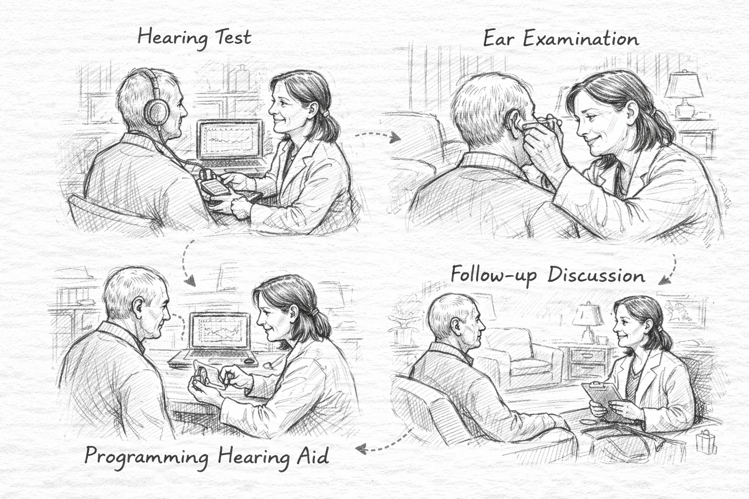 Hand-sketched four-panel diagram showing a hearing test, ear examination, hearing aid programming, and a follow-up discussion at home in a notebook-style layout.