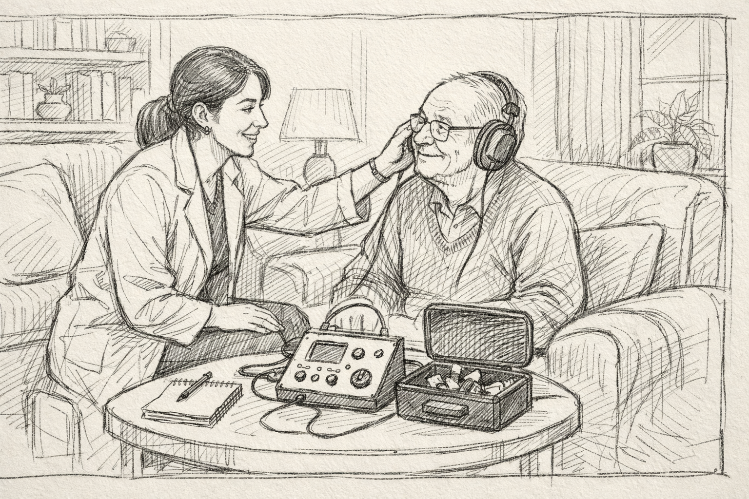 Hand-drawn sketch of an audiologist adjusting headphones on an elderly patient in a cozy living room, with portable hearing test equipment on a small table nearby.