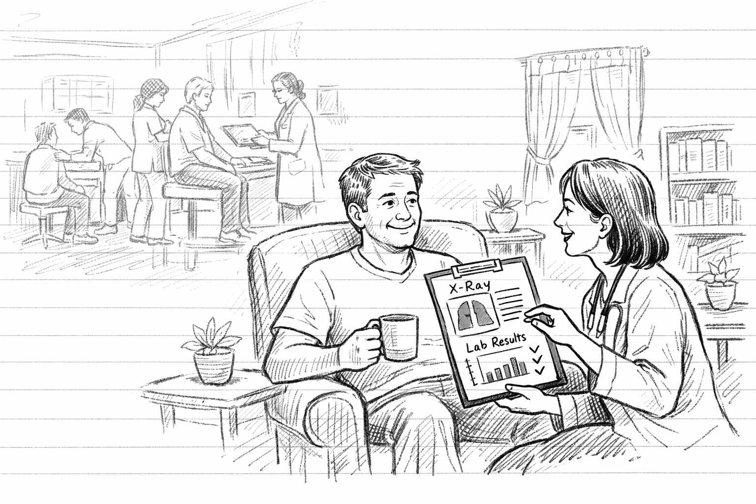 Hand-drawn notebook-style illustration of a relaxed patient at home reviewing test results with a clinician, with a faint busy clinic scene sketched in the background.