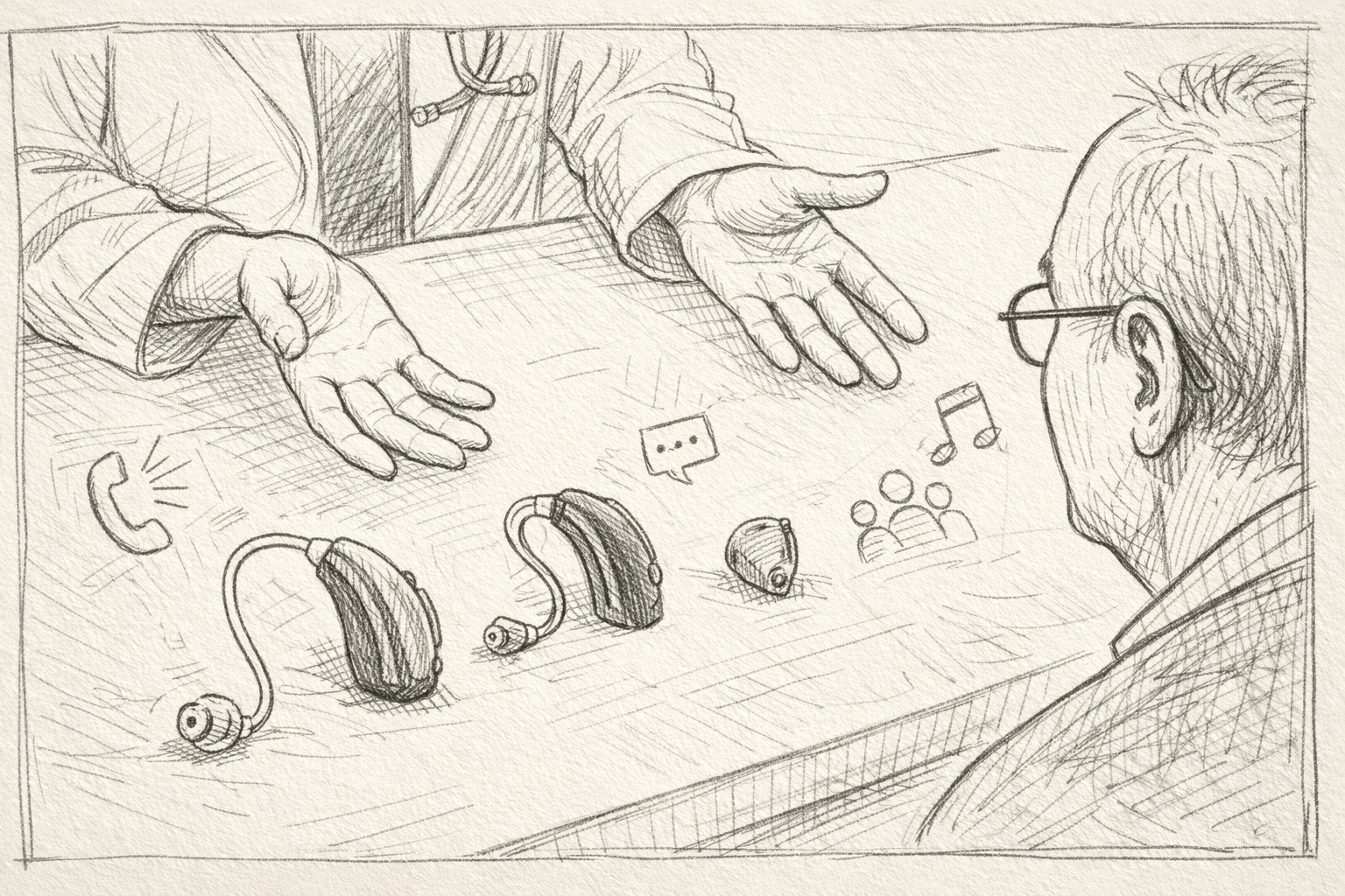 Hand-drawn illustration of a clinician explaining different hearing aid options laid out on a table, with small lifestyle icons sketched in a notebook-style aesthetic.