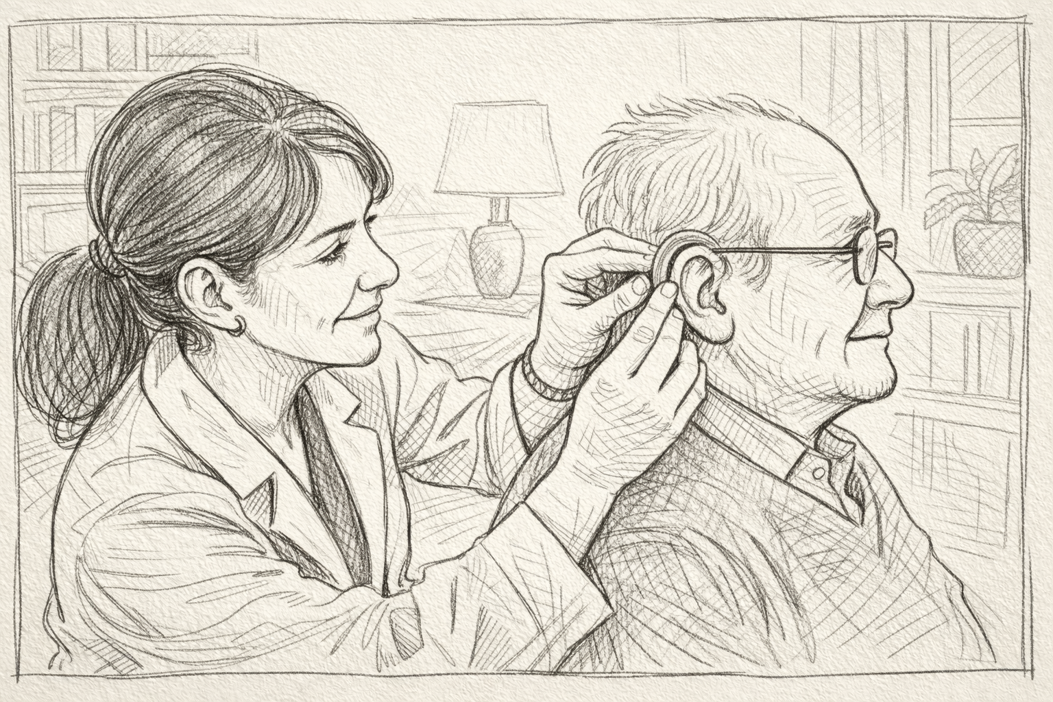 Hand-drawn illustration of an audiologist fitting a hearing aid behind a patient’s ear in a cozy living room, with calm, reassuring body language in a notebook-style sketch.
