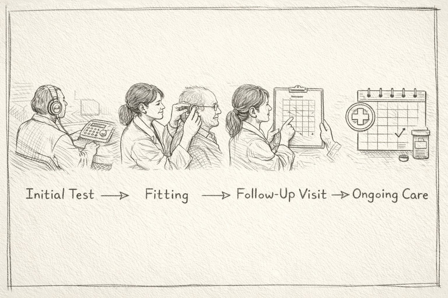 Hand-drawn timeline of hearing care steps: test, fitting, follow-up, and ongoing support, in a notebook-style sketch.