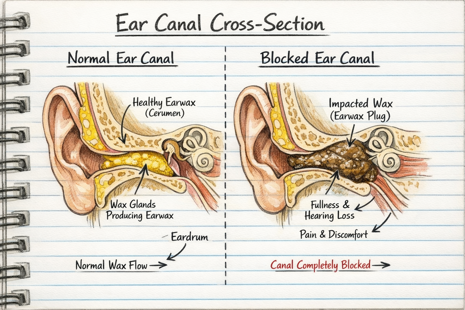Hand-drawn medical notebook diagram comparing a normal ear canal with natural earwax flow and a blocked ear canal with impacted wax plug, clearly labeled.