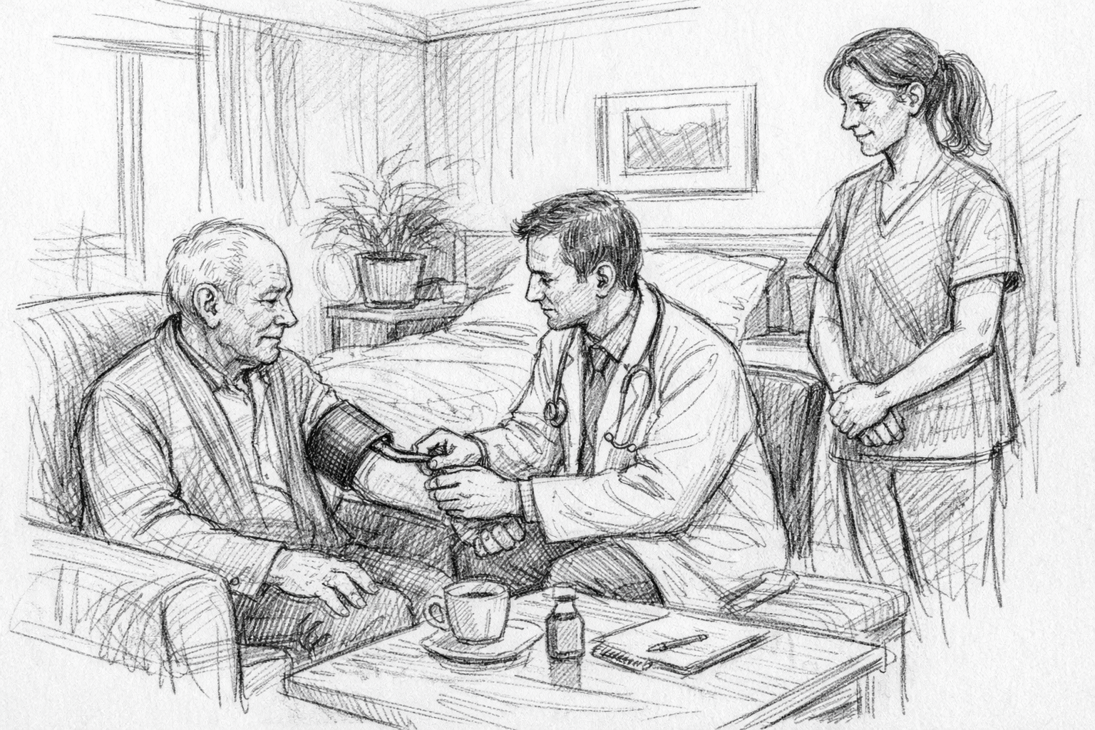 Hand-drawn pencil sketch of a clinician checking an elderly patient’s blood pressure in an assisted living room, with a caregiver standing nearby in a calm, respectful setting.