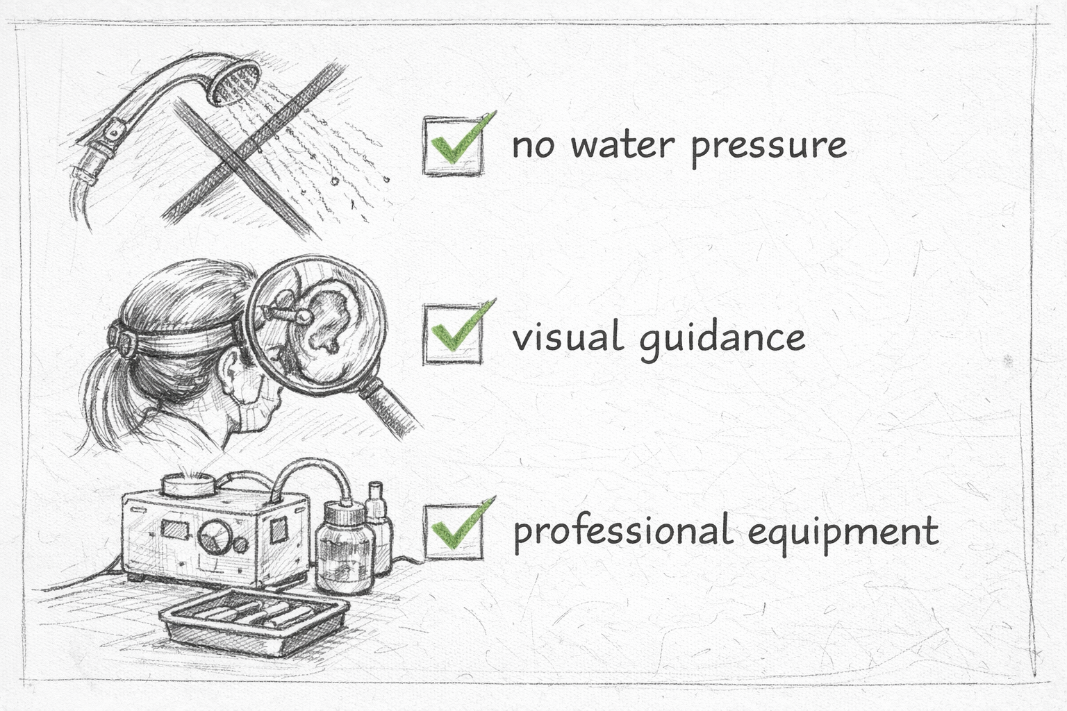 Hand-sketched checklist illustration showing icons for no water pressure, visual guidance, and professional equipment in a notebook-style layout.