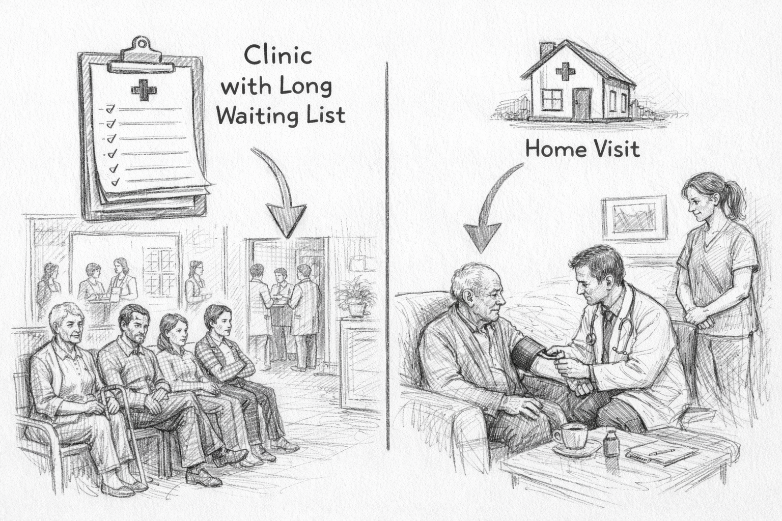 Hand-drawn pencil illustration comparing a crowded clinic with a long waiting list to a calm home visit, shown side by side in an educational style.