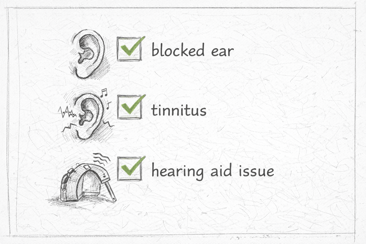 Hand-sketched checklist page with ticked icons for blocked ear, tinnitus, and hearing aid issues in a clean, educational notebook style.