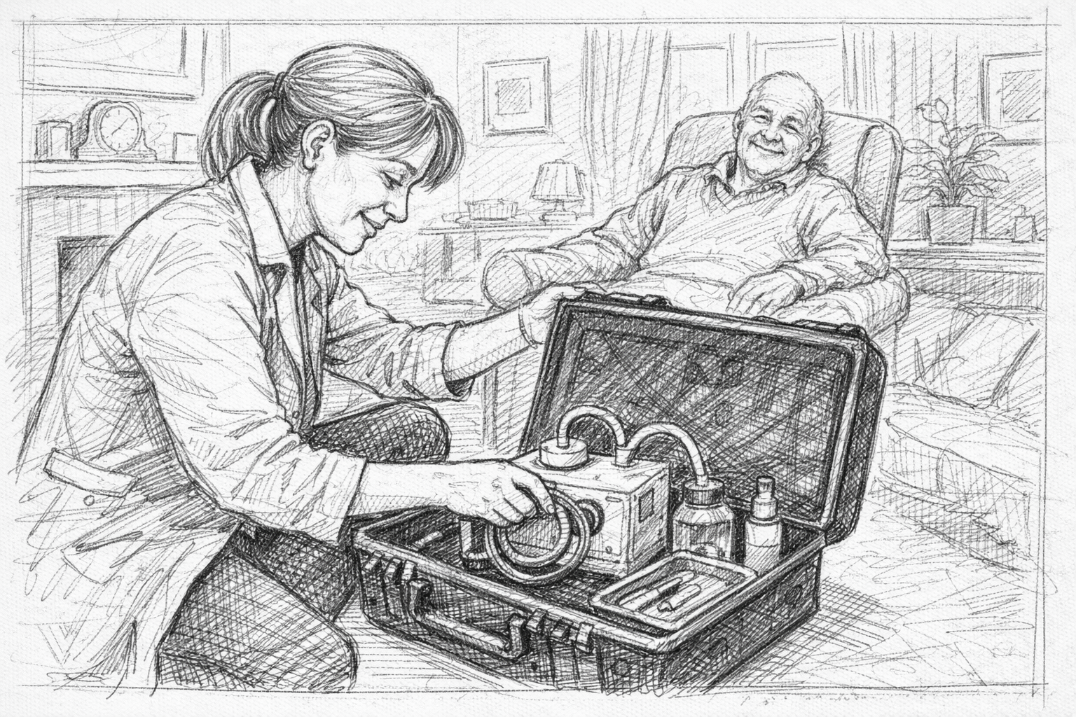 Hand-drawn illustration of a clinician packing equipment after a home visit, with a smiling patient relaxing comfortably in the background.