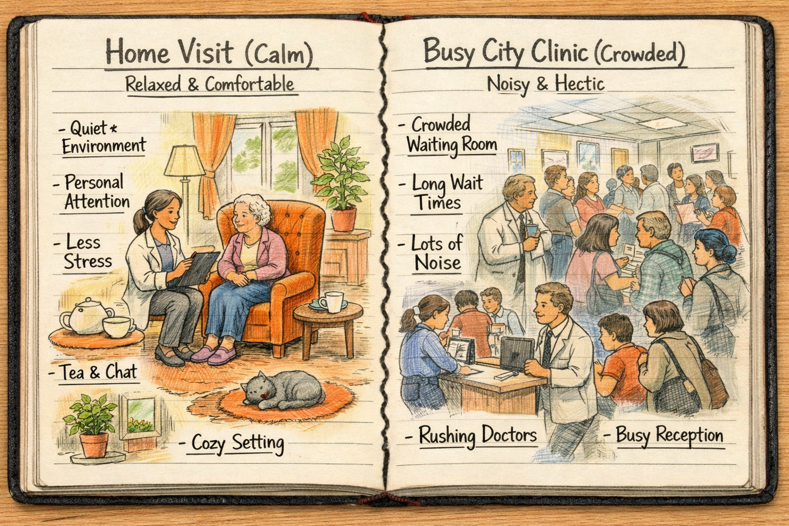 Hand-drawn notebook illustration comparing a calm home medical visit in a cozy living room with a crowded, noisy city clinic waiting area, highlighting comfort versus chaos.