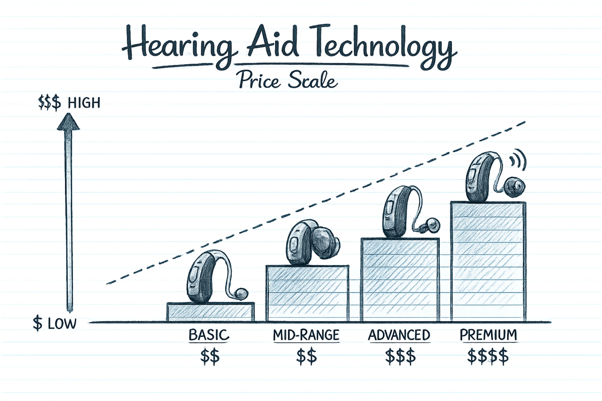 Hand-drawn notebook-style chart showing a rising price scale with hearing aid icons from basic to premium levels.