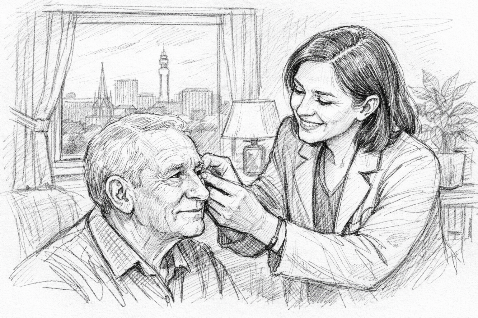 Hand-drawn pencil sketch of an audiologist gently adjusting a man’s hearing aid in a cozy Birmingham home, with a faint city skyline visible through the window.