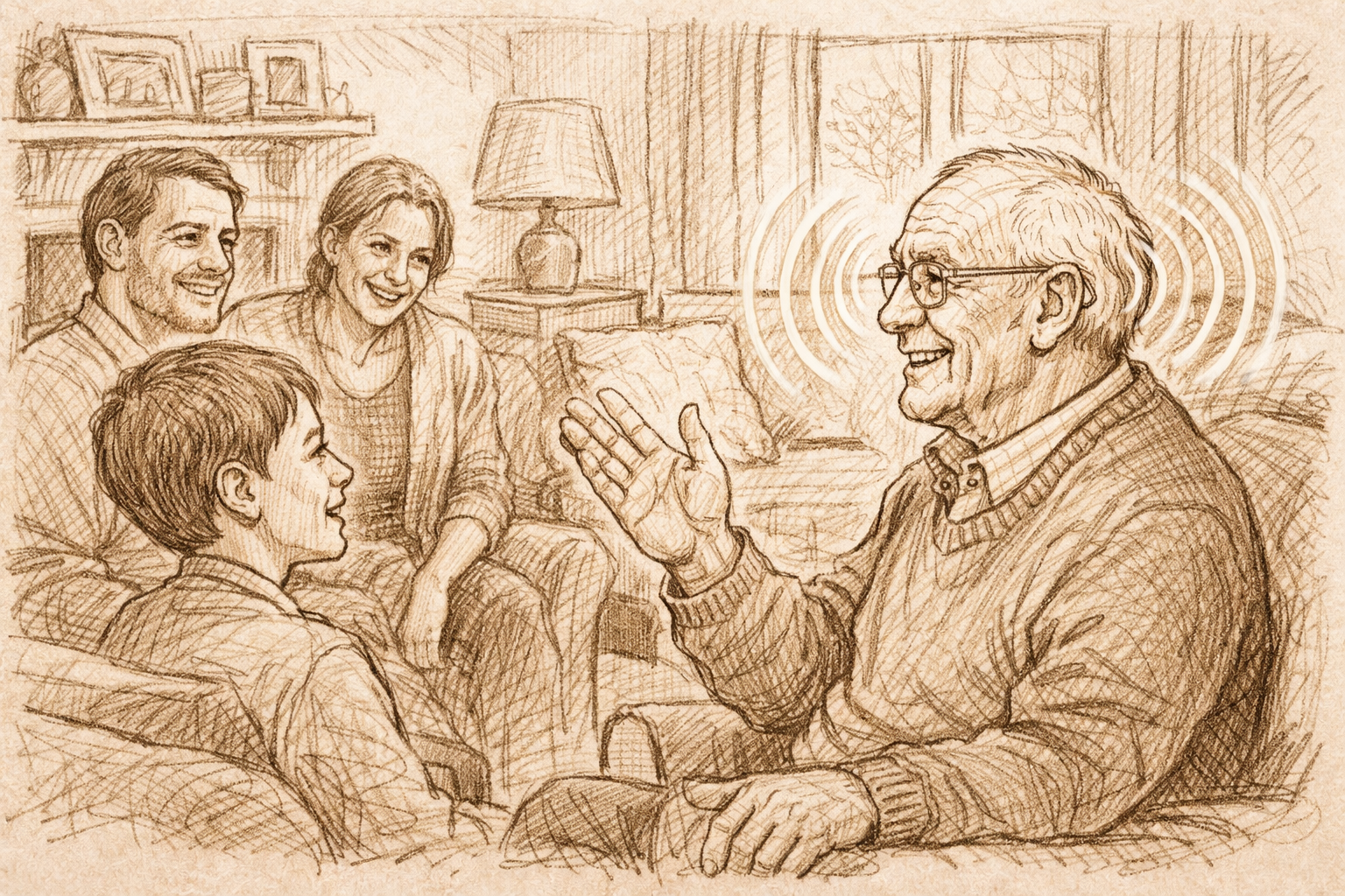 Hand-sketched sepia illustration of an elderly man with a hearing aid smiling and chatting with family in a cozy living room, soft sound waves indicating improved hearing.