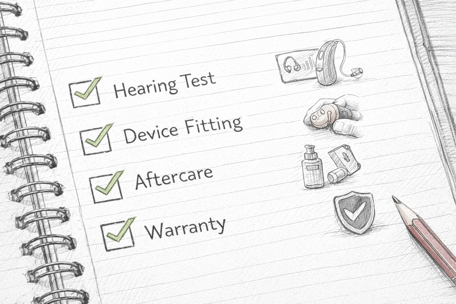 Hand-drawn notebook checklist showing Hearing Test, Device Fitting, Aftercare, and Warranty with ticked icons in a clean, structured research style.