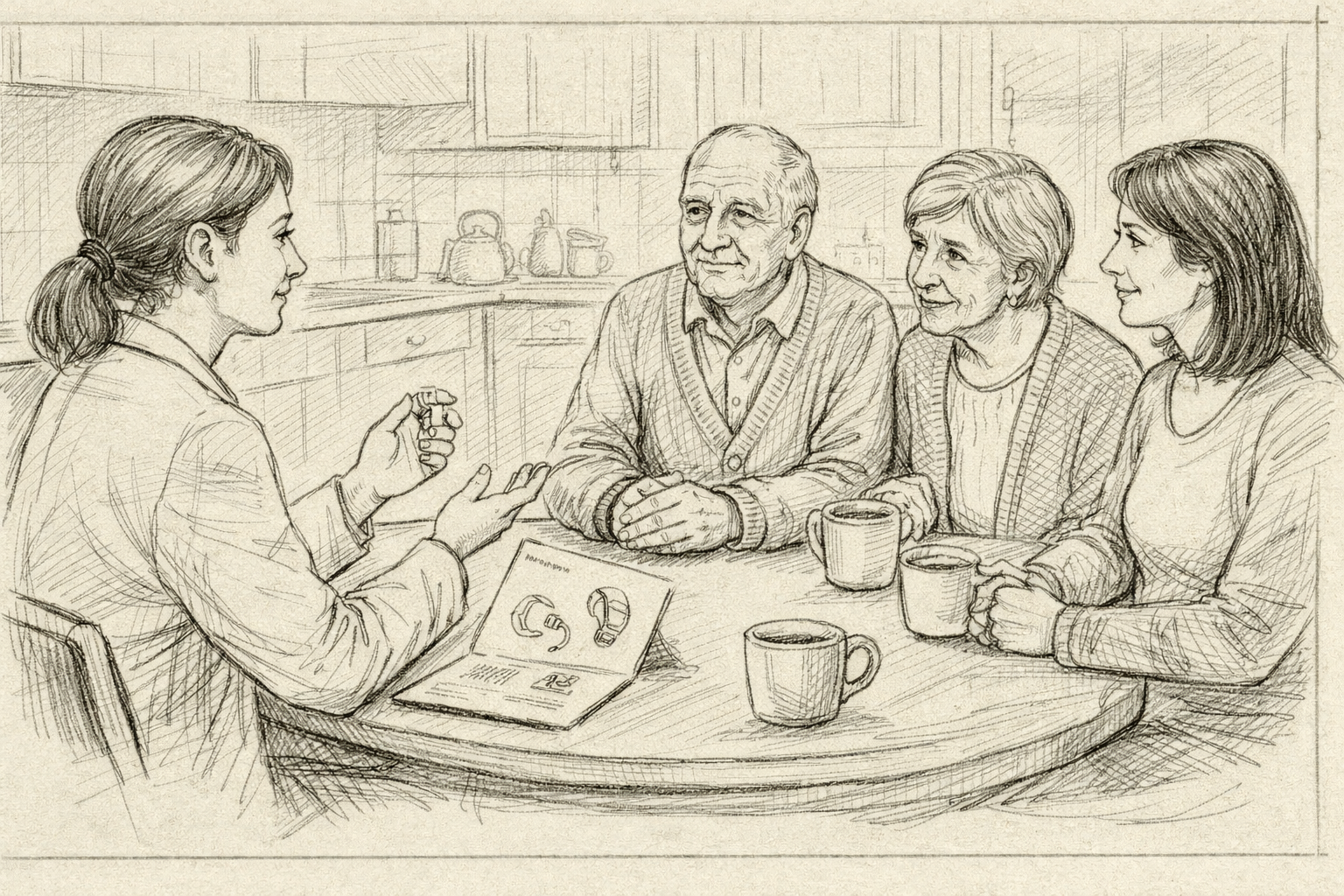 Hand-drawn pencil and ink illustration of an audiologist discussing hearing aid options with a patient and family around a kitchen table in warm neutral tones.
