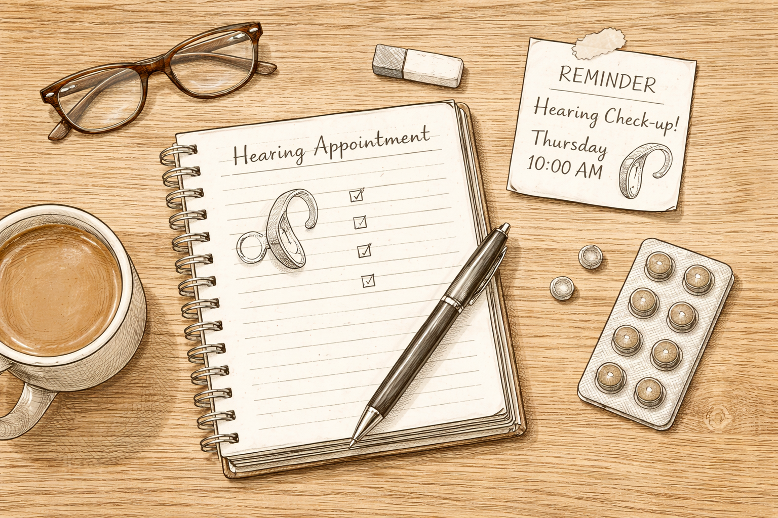 Hand-drawn flat lay of a notebook with a hearing appointment reminder, glasses, hearing aid batteries, and a pen arranged neatly on a wooden table.