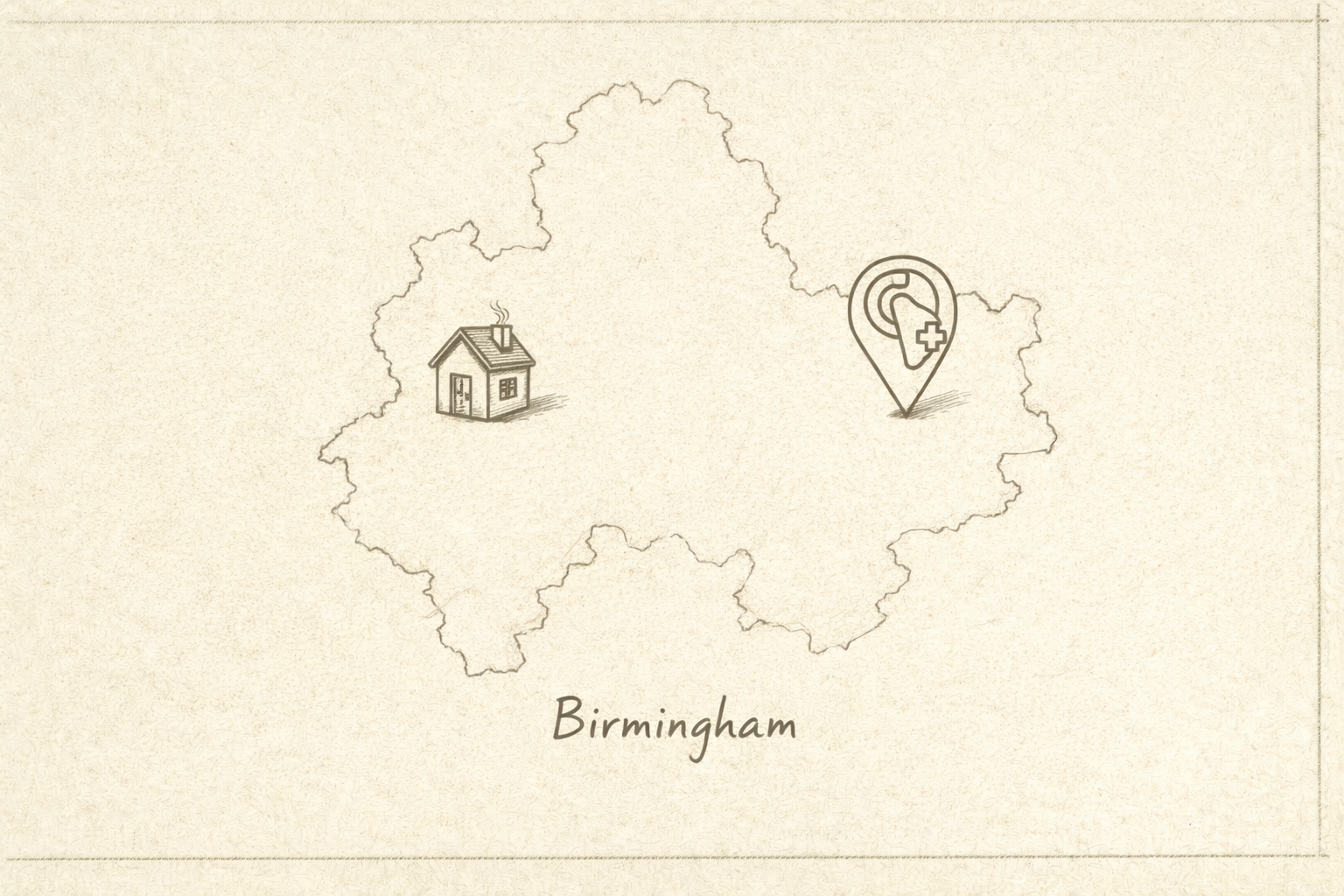 Hand-drawn minimalist outline map of Birmingham with a small home icon and audiologist symbol in a clean, notebook-style design.