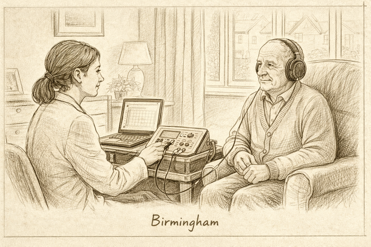 Hand-sketched illustration of a home hearing test in a UK living room.