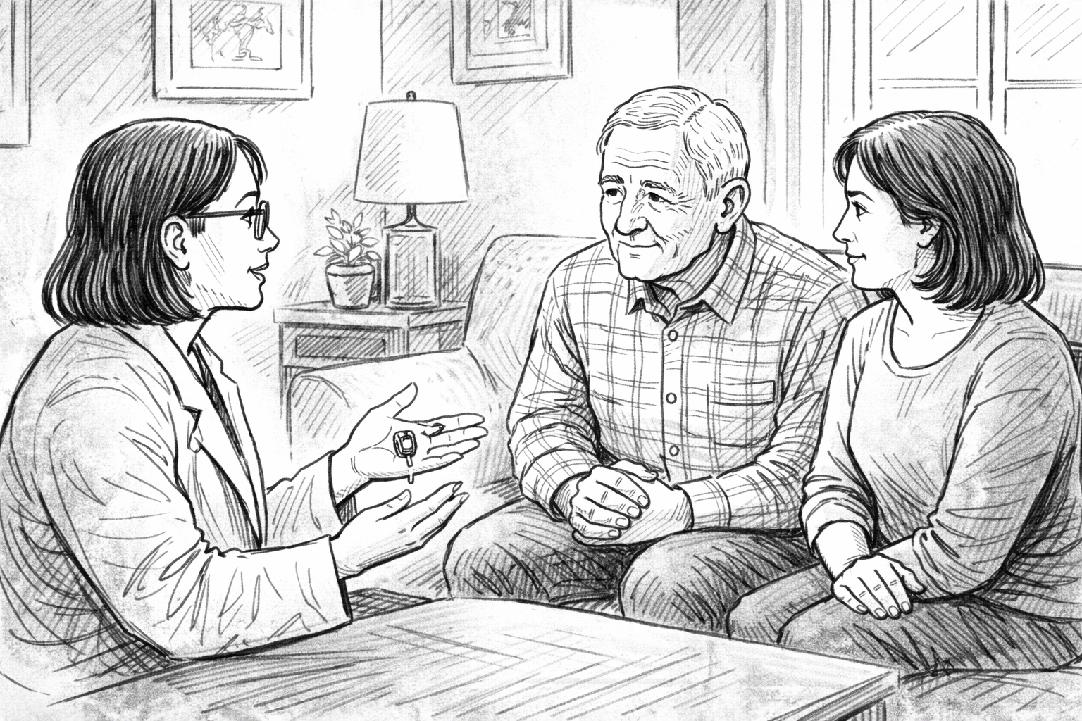 Audiologist showing a hearing aid to an elderly patient and family in a living room.