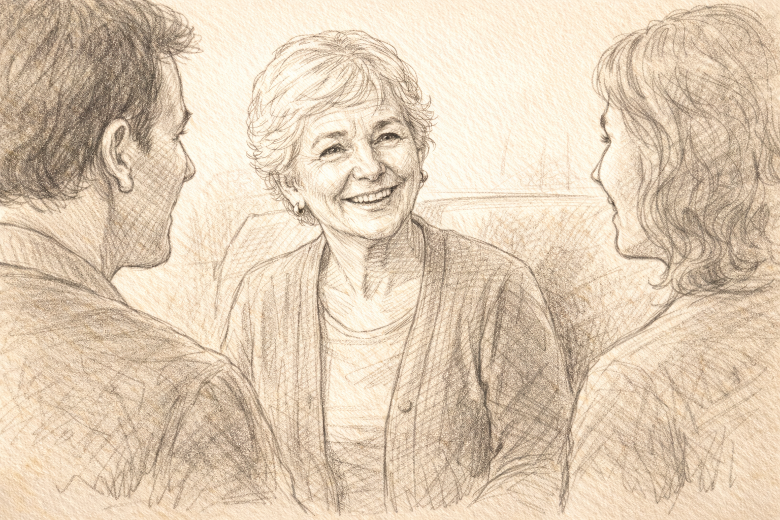 Hand-sketched illustration of an elderly woman smiling and talking with family after a hearing assessment.