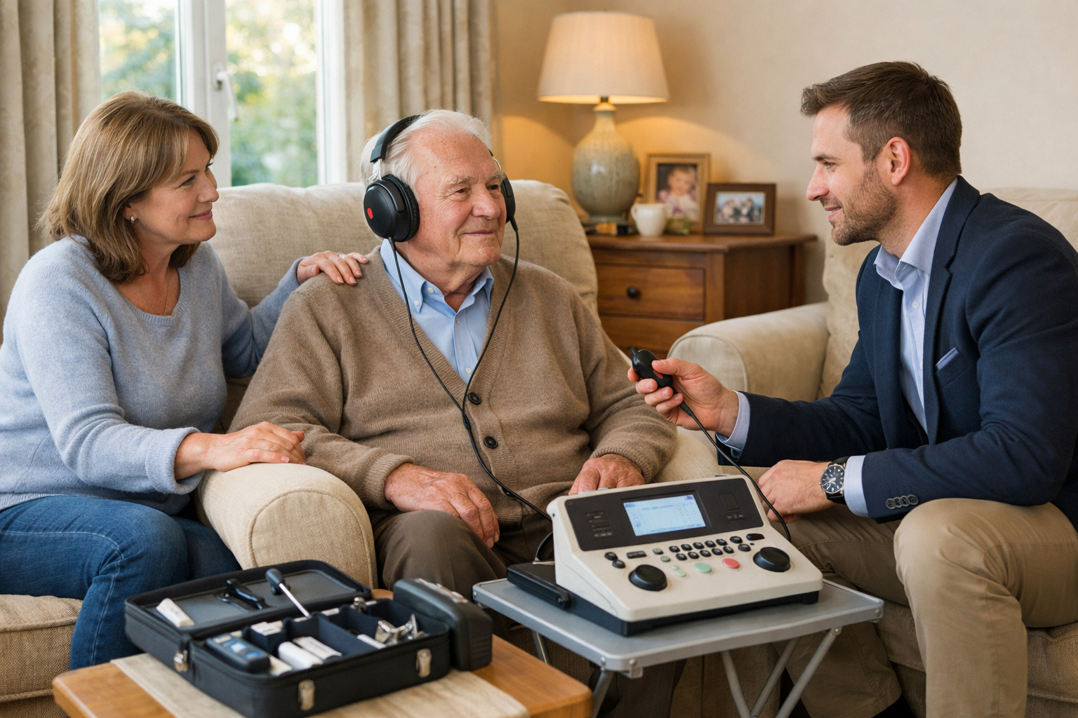 Professional mobile audiologist conducting a home hearing test for an elderly gentleman in a warmly lit Midlands living room, with a family member offering support nearby.