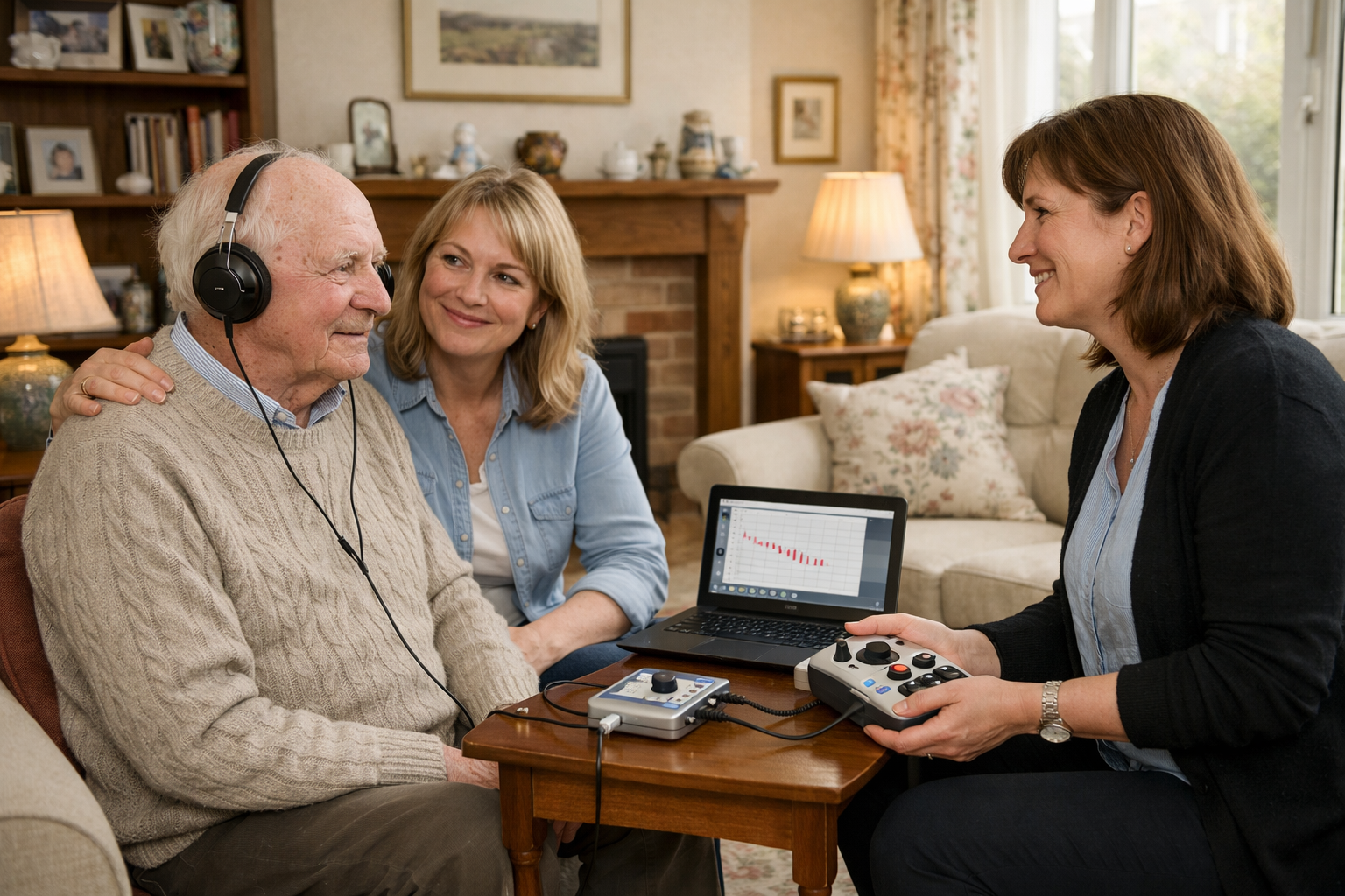 Daughter supporting her elderly father during a home hearing test with a mobile audiologist in a softly lit living room.