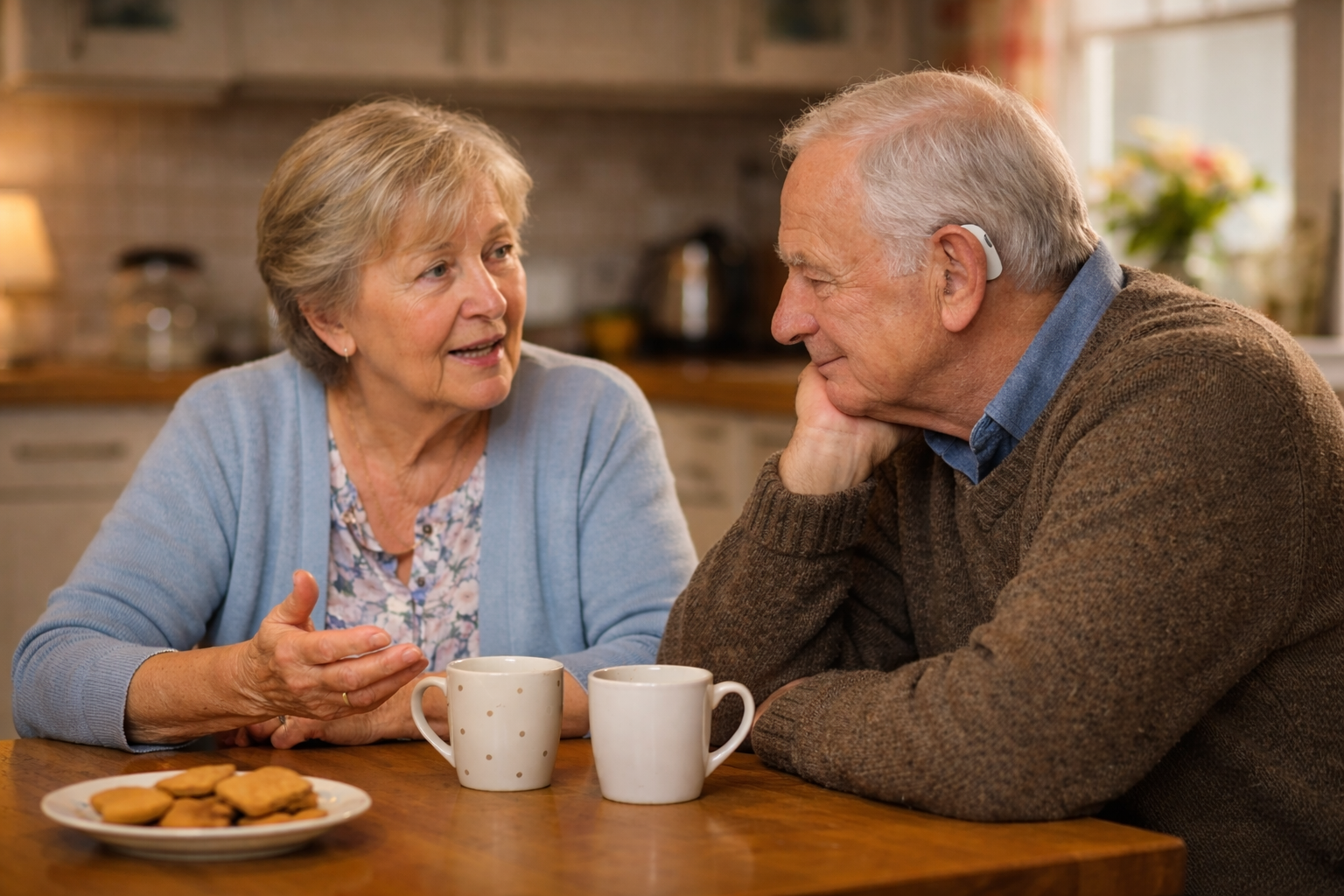 Elderly couple at a kitchen table, woman speaking while man with hearing aid leans in and listens attentively.