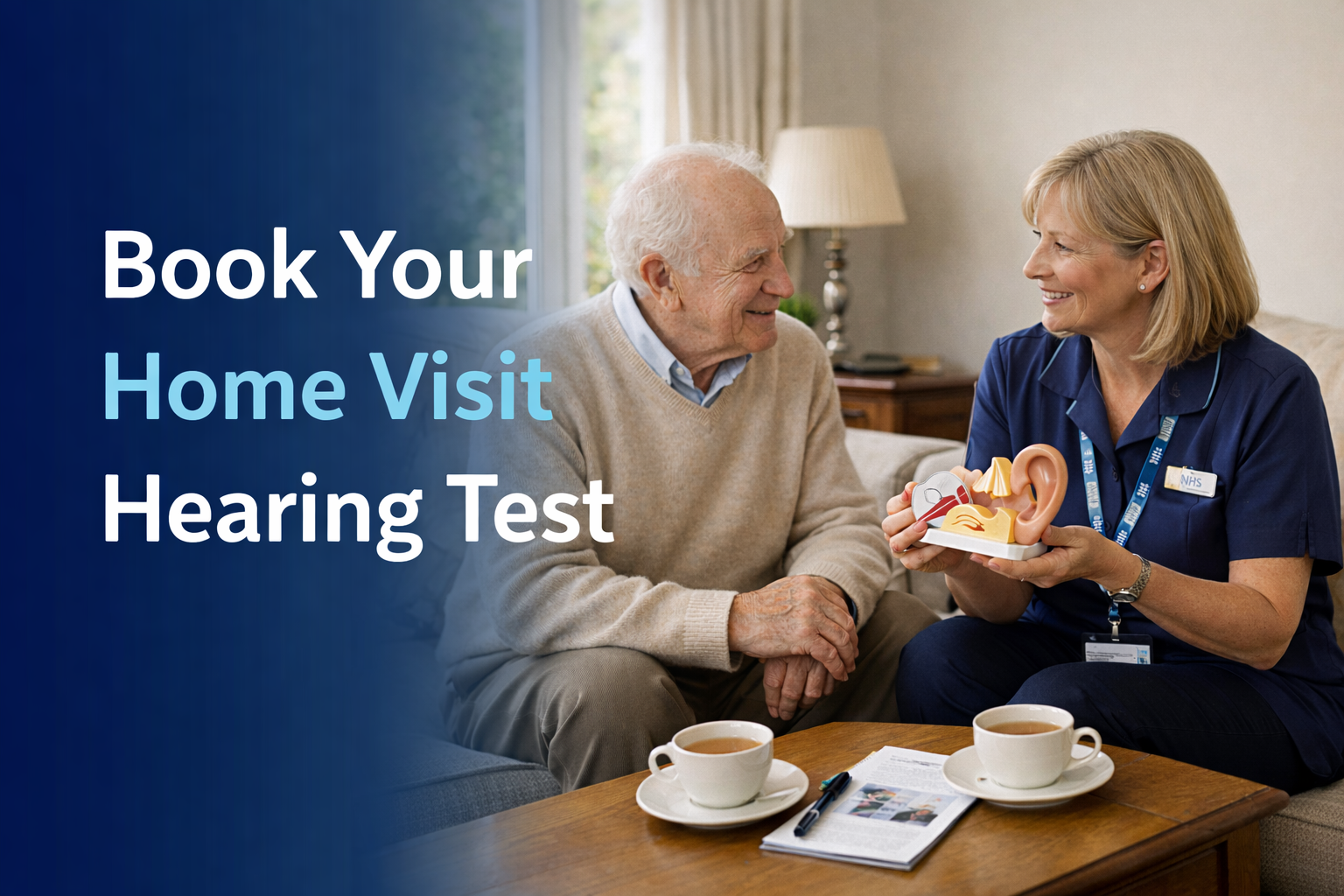 Banner showing an audiologist speaking with an elderly man at home, with the text “Book Your Home Visit Hearing Test.