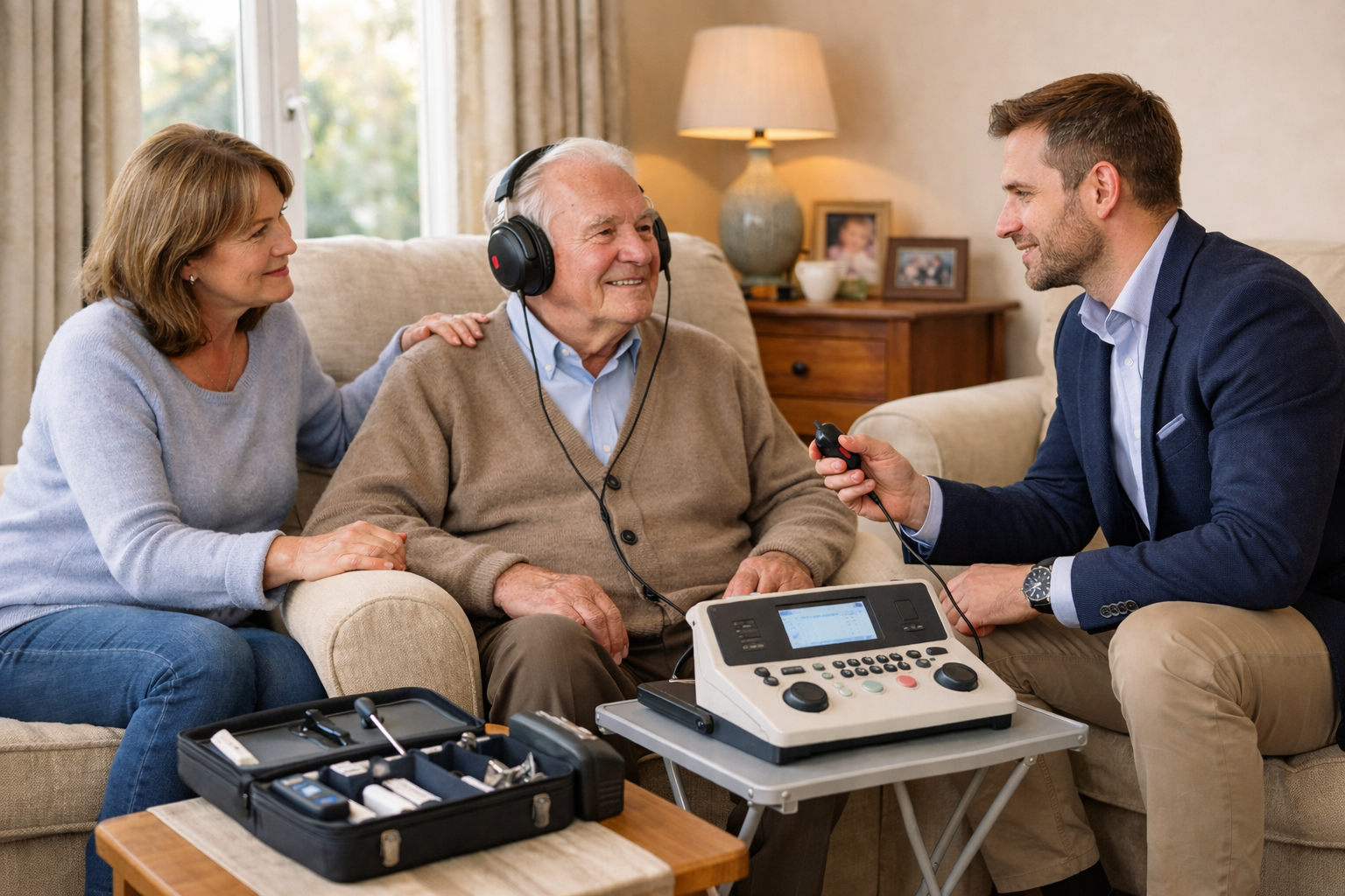 UK mobile audiologist performing a home hearing test for an elderly gentleman in a quiet, naturally lit living room.