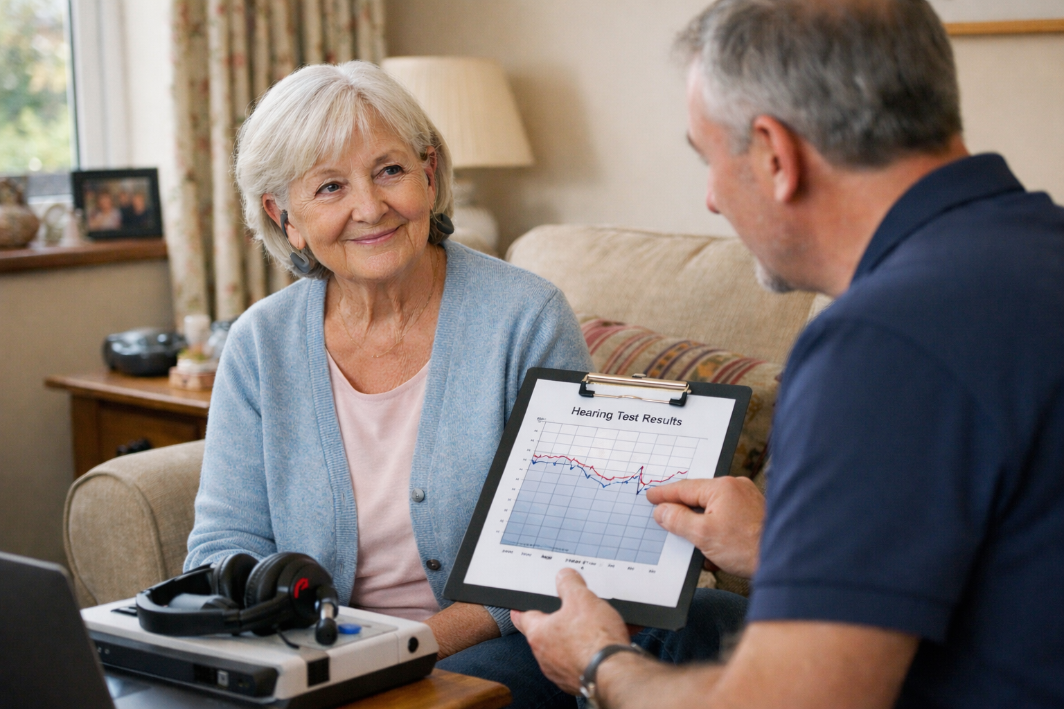 Audiologist explaining a printed audiogram chart to an elderly woman in a warm, comfortable British living room, with portable hearing test equipment on the table.