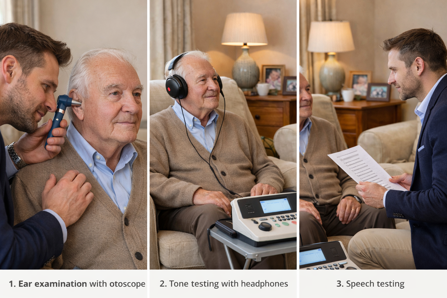 Three-step home hearing test showing ear examination with otoscope, tone testing with headphones, and speech testing in a comfortable living room.