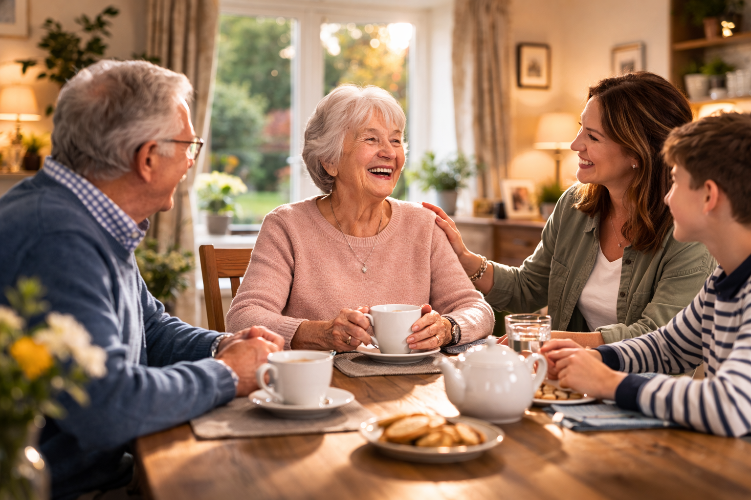 Elderly woman smiling and chatting with family around a dining table in a warm, naturally lit UK home.