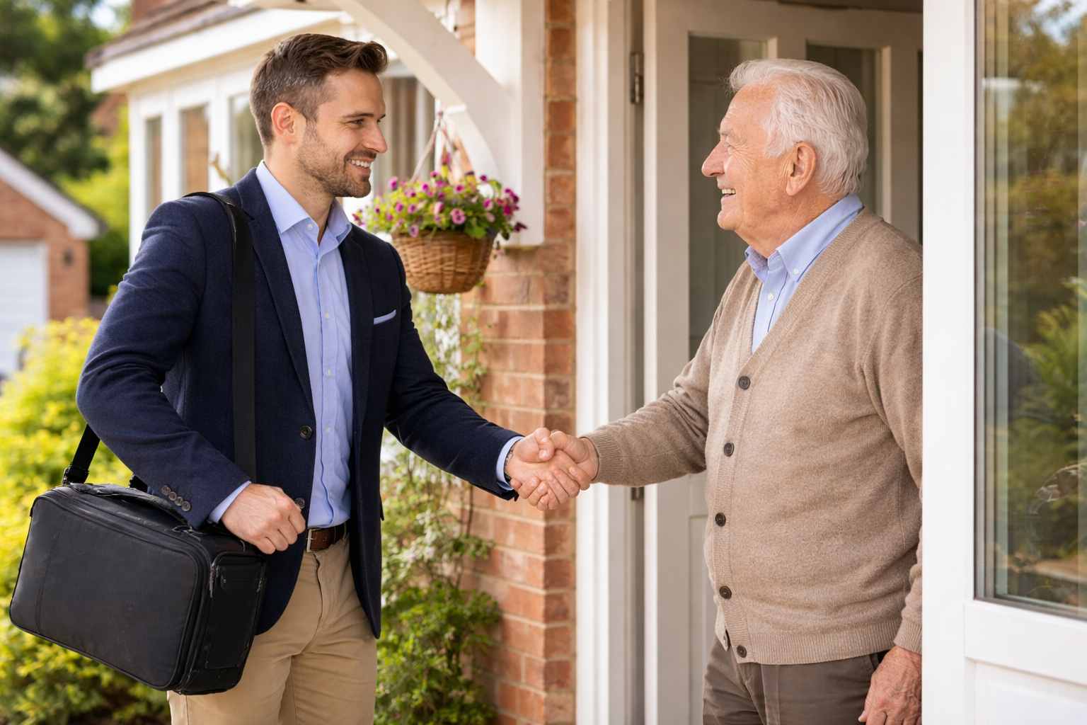 UK mobile audiologist greeting an elderly homeowner at a Midlands front door while carrying a compact equipment case in bright daylight.