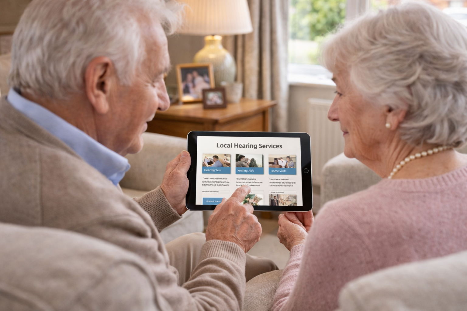 Elderly couple reviewing local hearing services on a tablet in a bright, comfortable Midlands living room.