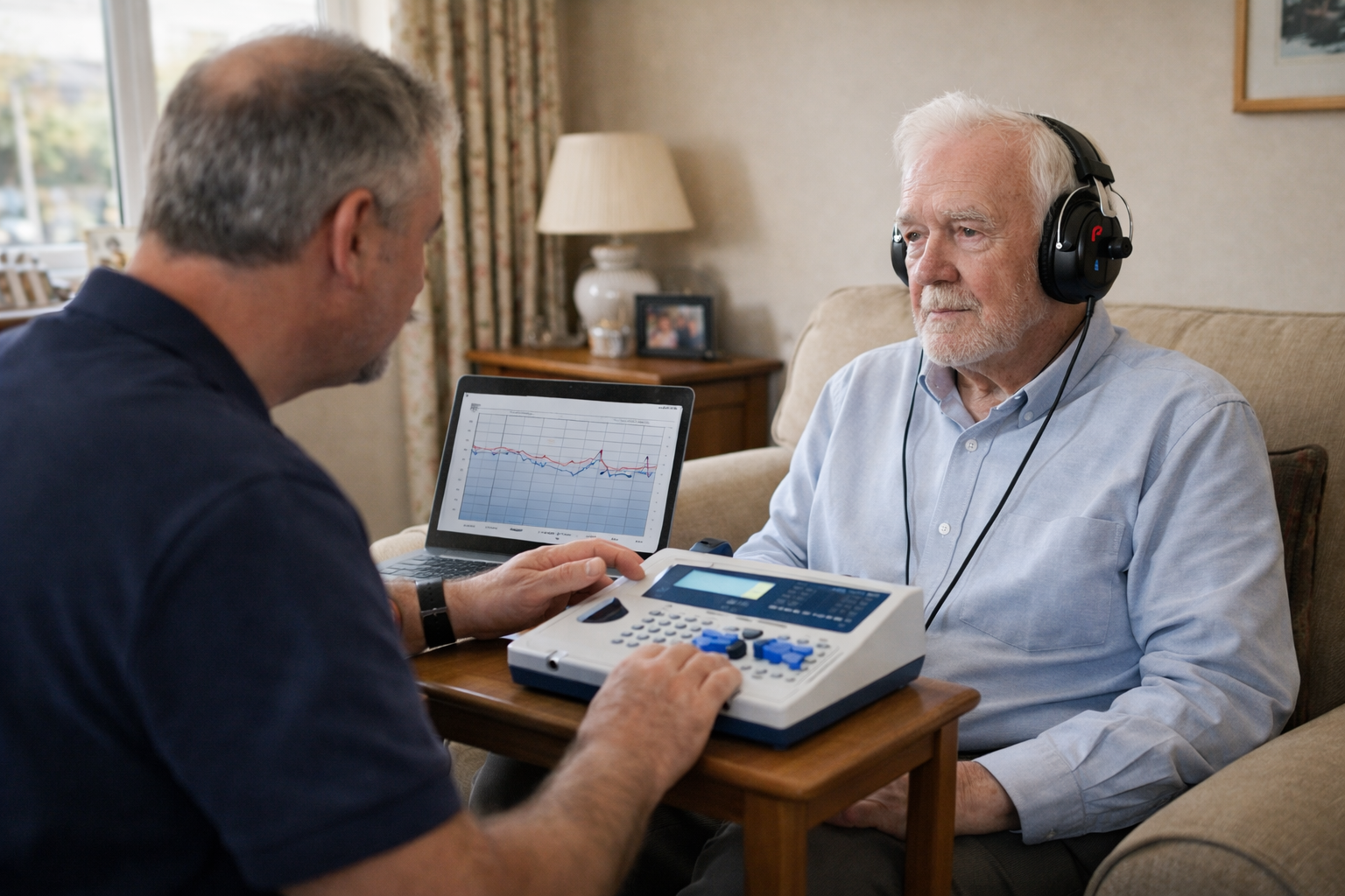 Mobile audiologist conducting a home hearing test for an elderly man wearing headphones, with portable audiology equipment on a small table in a bright living room.