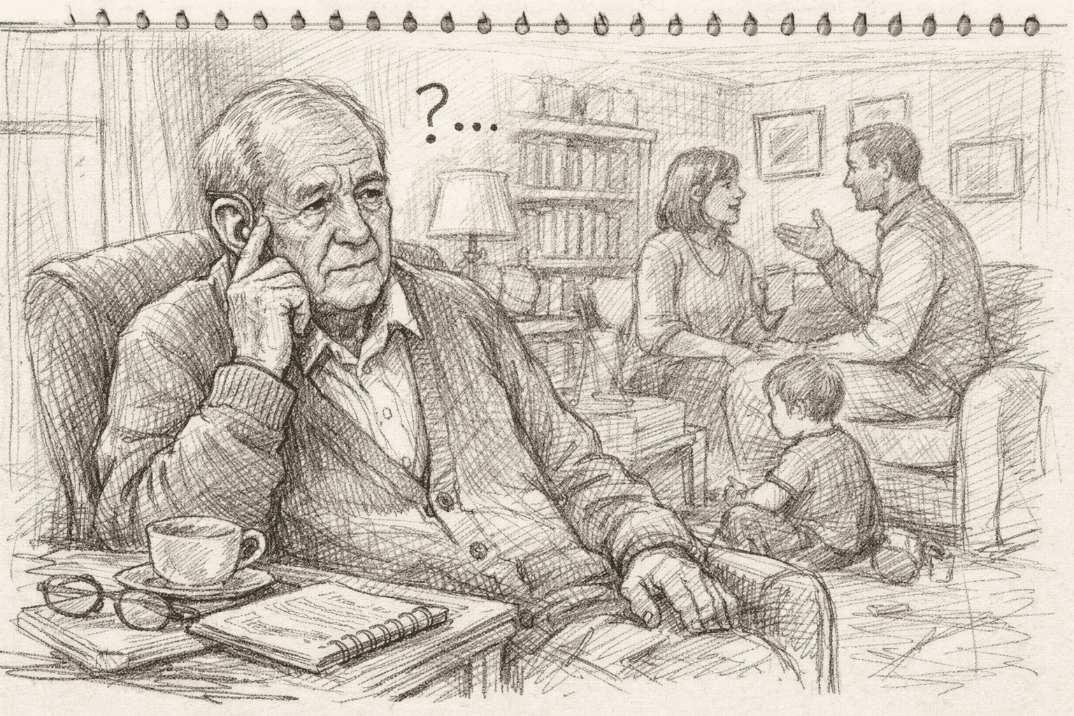 Hand-sketched illustration of an elderly man sitting thoughtfully in a softly lit UK living room while family members talk in the background, subtly suggesting he is struggling to hear.