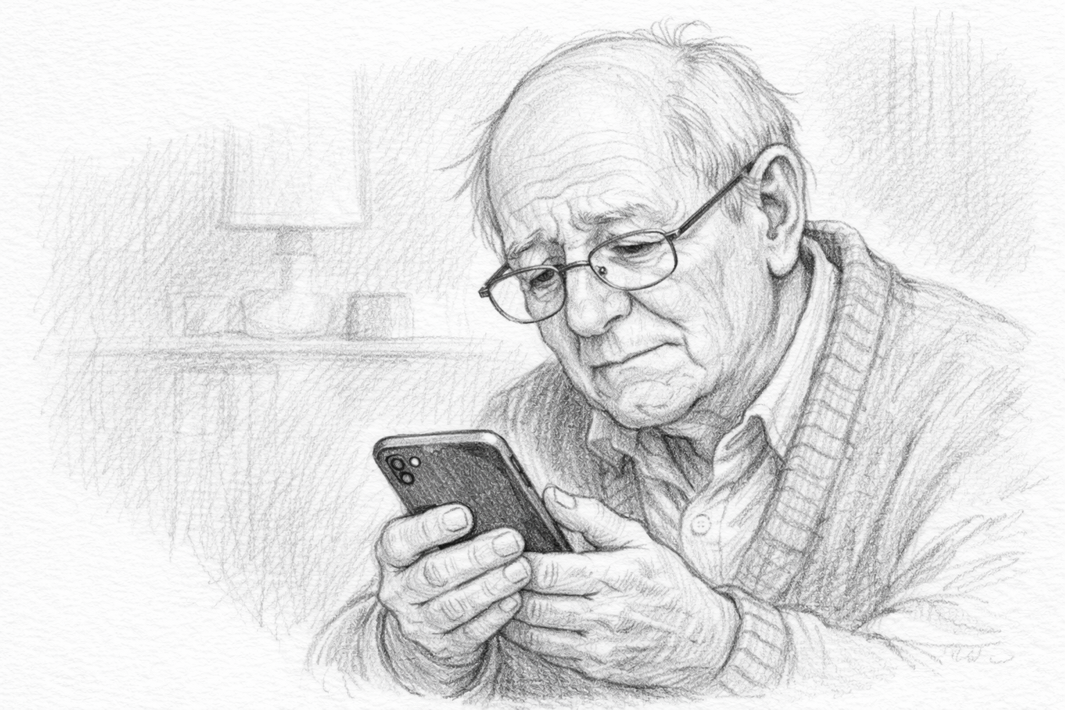 Older man holding a mobile phone, looking hesitant, in a soft pencil-style sketch.