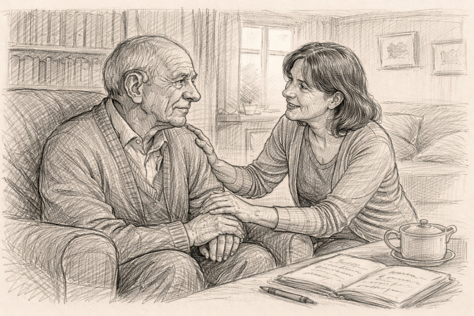 Adult daughter gently reassures her elderly father in a warm, softly lit living room.