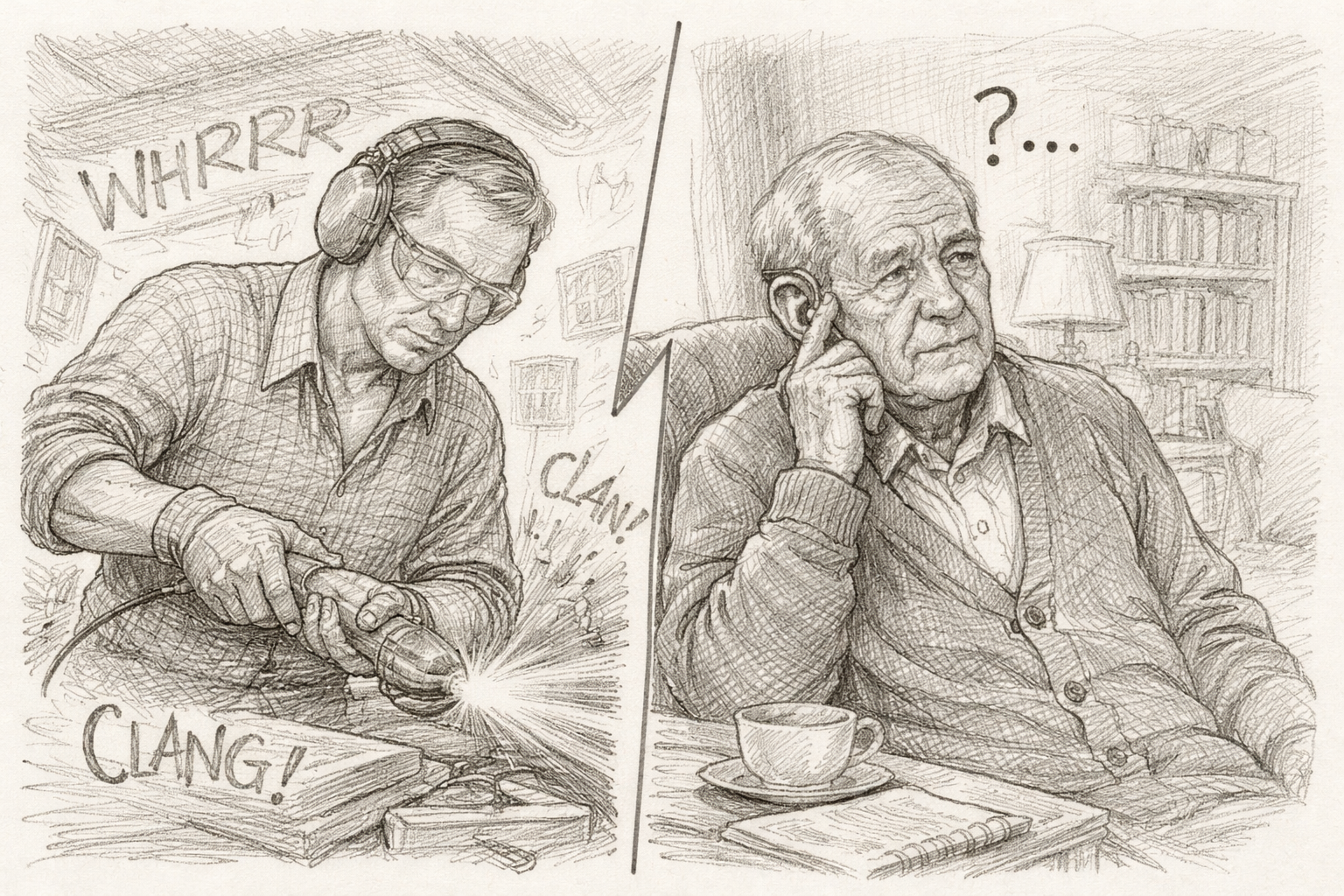 Split pencil sketch of man in noisy factory when young and older at home with hearing difficulty.