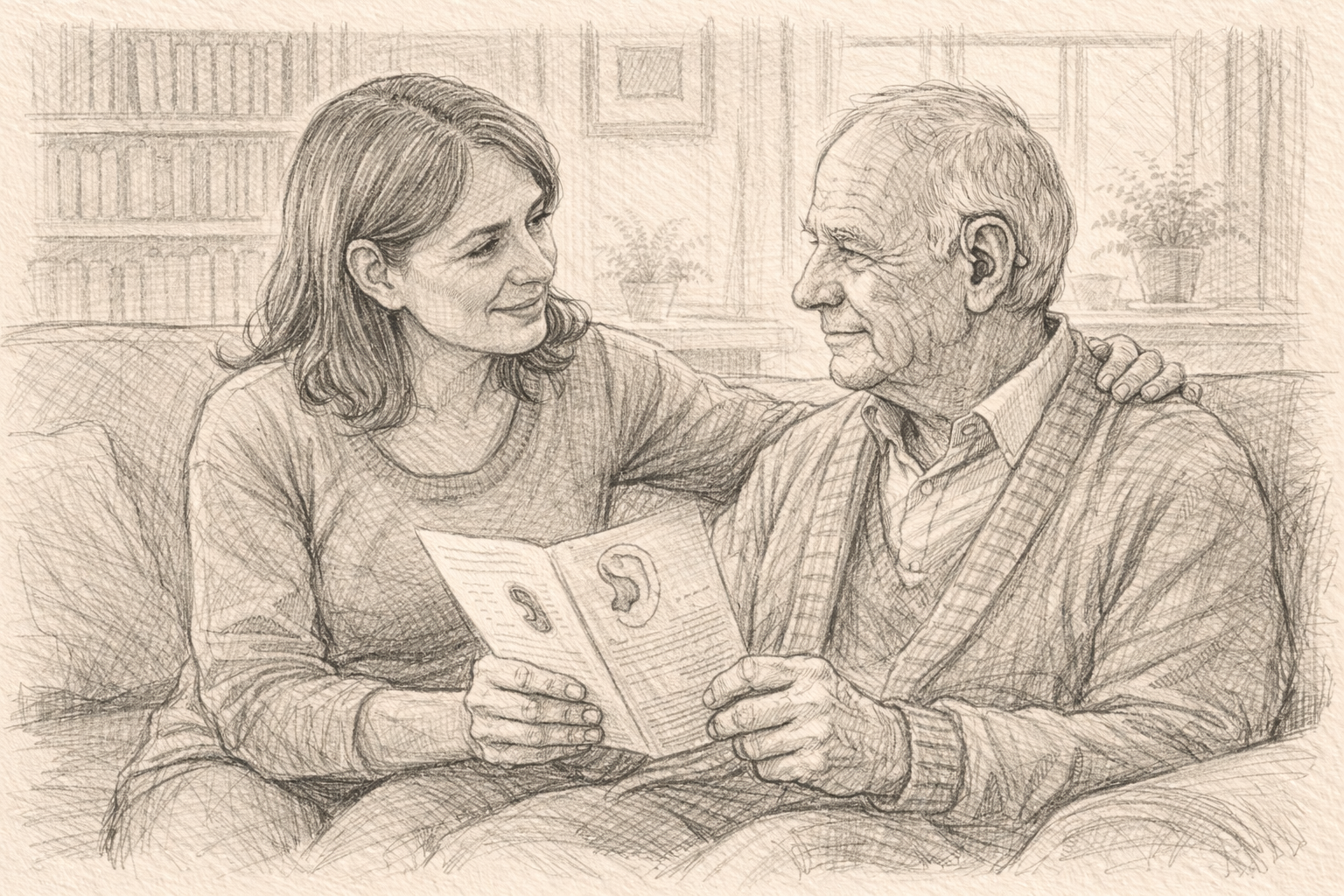 Adult daughter supporting her elderly father at home during a calm hearing discussion.