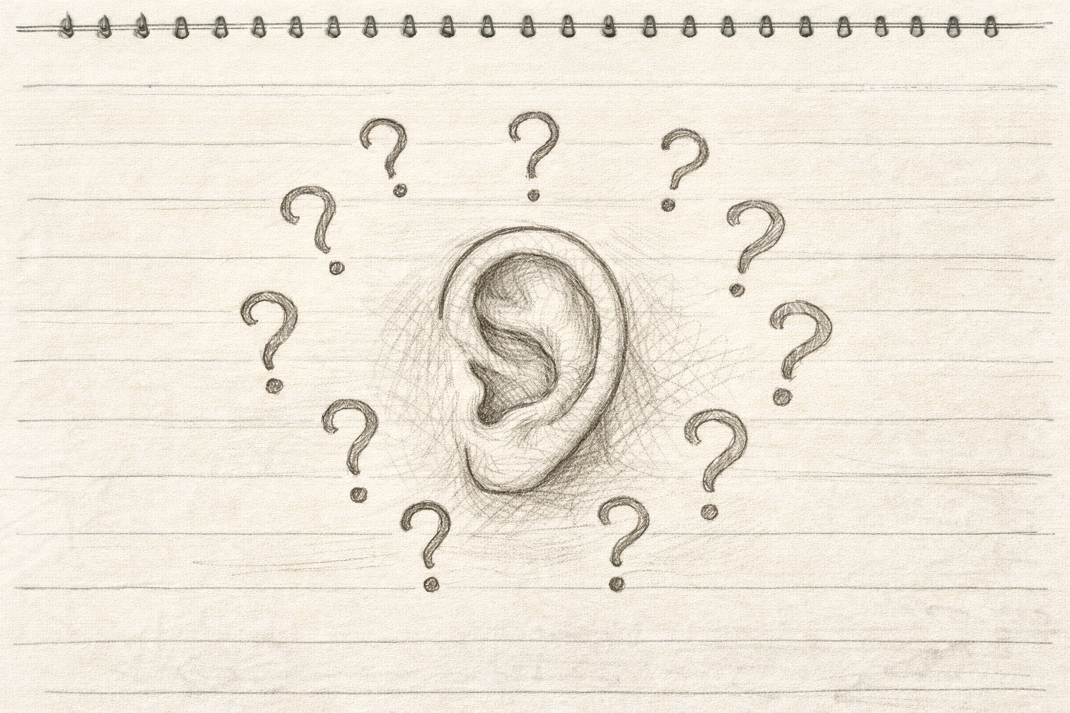 Hand-drawn notebook page with an ear symbol surrounded by small question marks in warm pencil style.