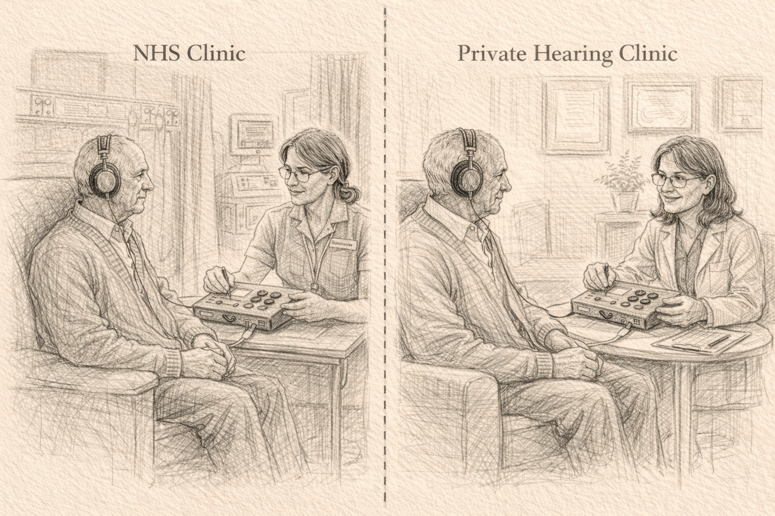 Split illustration comparing NHS and private hearing clinics, with elderly patient undergoing hearing test in both settings.