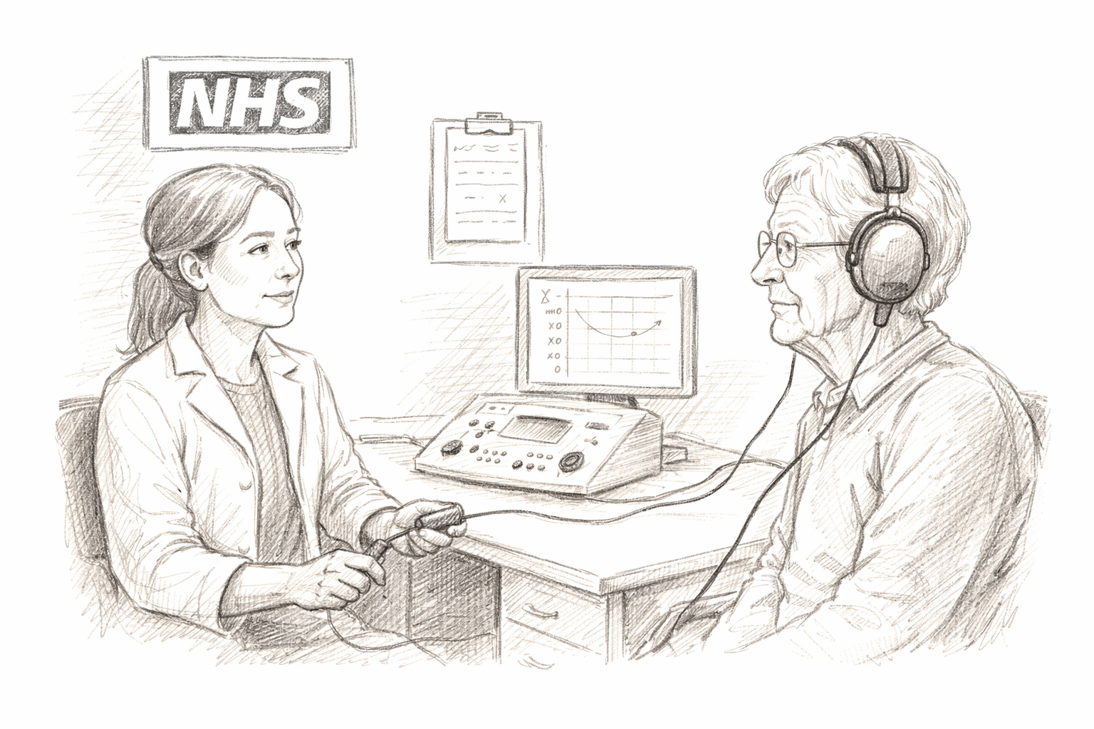 Pencil sketch of an audiologist in an NHS clinic testing an older patient’s hearing with headphones and simple equipment.