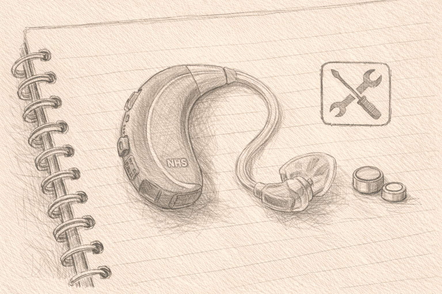 Behind-the-ear hearing aid on notebook page with small batteries and repair icon in pencil sketch style.
