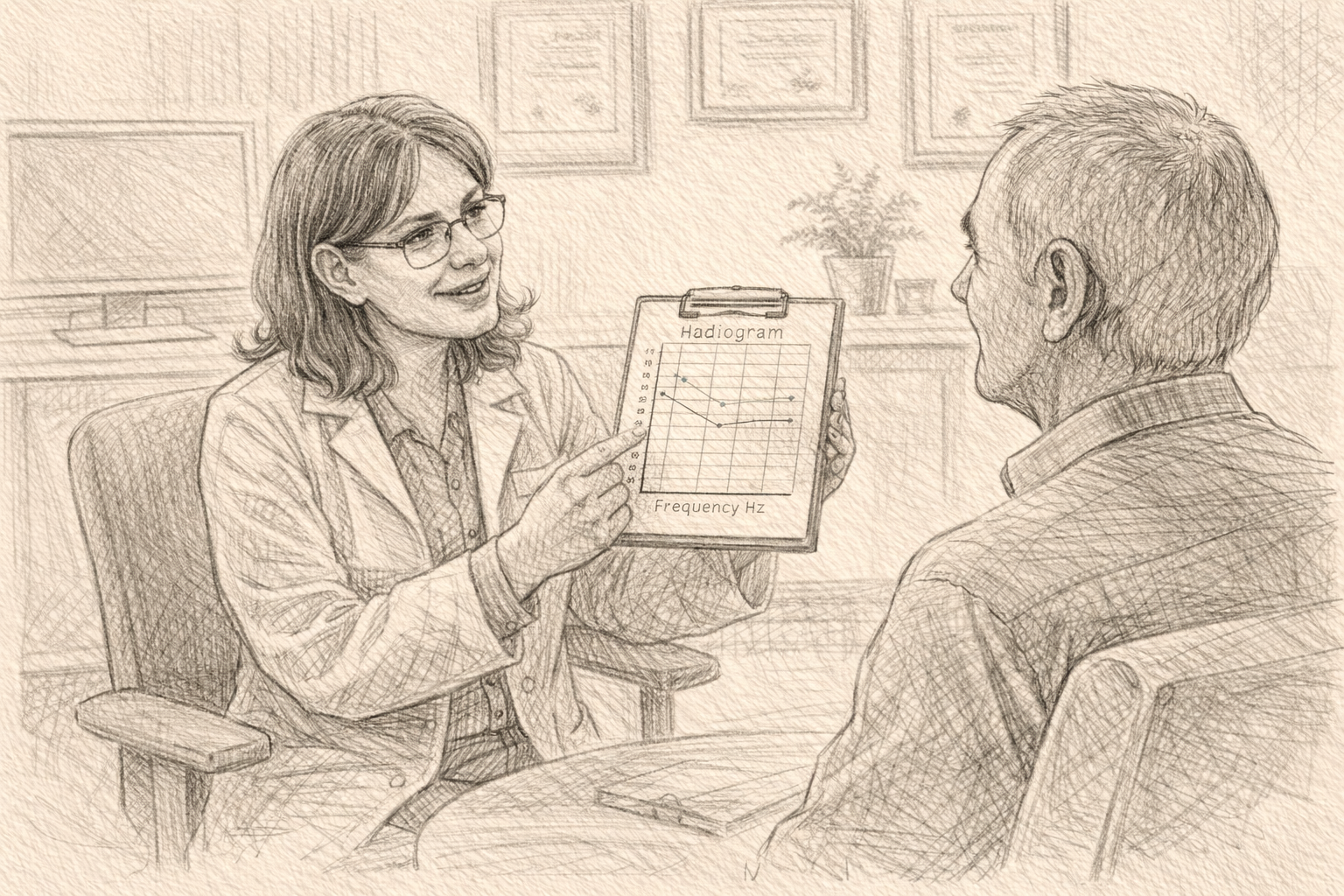 Audiologist explaining an audiogram chart to a middle-aged patient in a modern private hearing clinic.